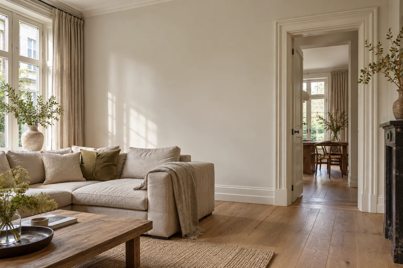 Voorbeeld van een licht interieur met verzorgde wanden en houtwerk